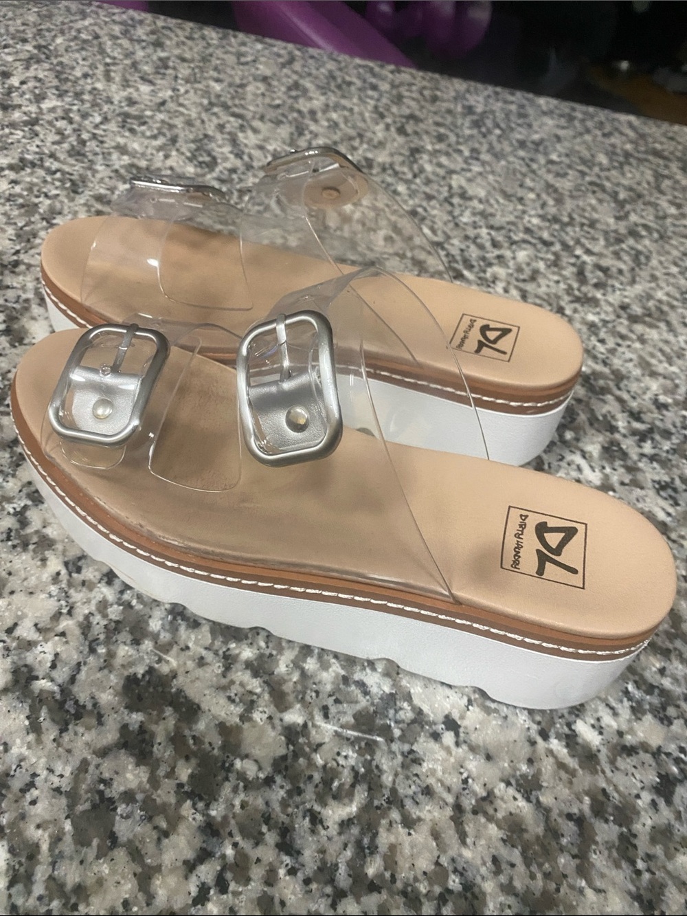 Dirty Laundry Clear Platform Slide Sandals with Silver Buckles